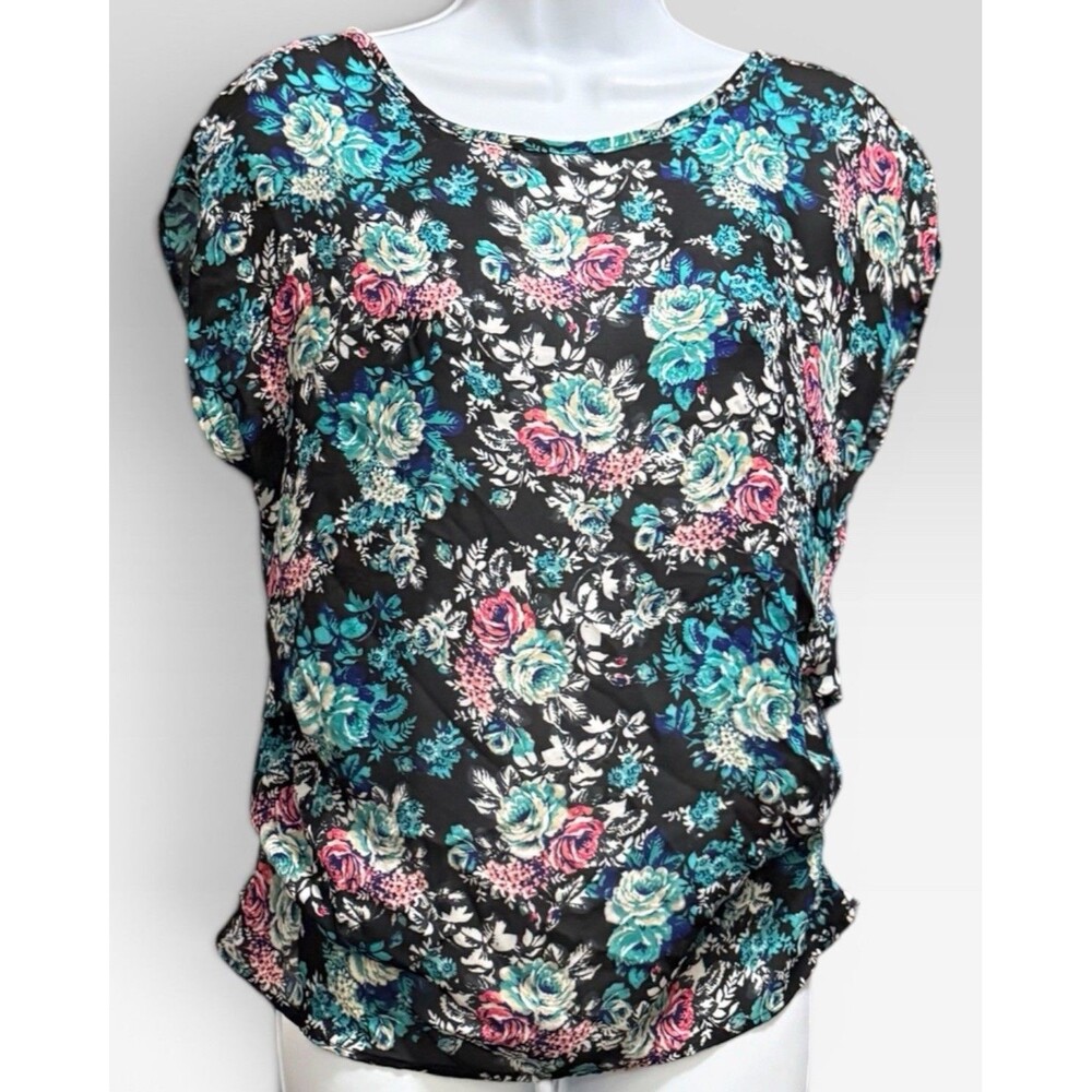 GAL BOSS S Floral Dolman Sleeve Blouse Black Pink Teal Keyhole Back Top Small